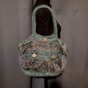 One of a Kind Unique Boiled Wool Blend Felted Fringe Teal Beaded Purse